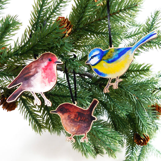 Set of Three  Garden Birds Wooden Hanging Decorations