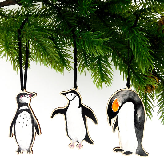 Set of Three Penguin Wooden Hanging Decorations